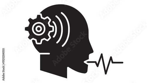 Head silhouette icon with gear brain and sound waves, speaking voice pulse line, communication technology concept, minimal black pictogram isolated on white background