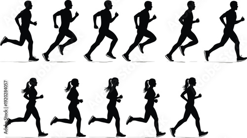 Running silhouettes collection, male female athletes in stride, jogging motion phases, fitness training, biomechanics, sports illustration, dynamic movement, exercise concept design