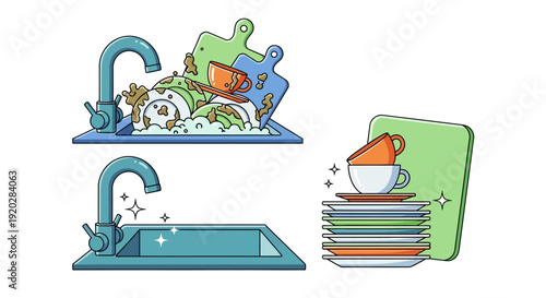 Cleaning kitchen sink with dirty dishes and faucet, beside stacked plates and cup, illustration