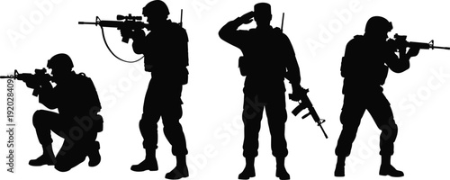 Silhouette of armed soldiers in tactical gear, military team aiming rifles, saluting, combat readiness, defense concept, war strategy illustration, black silhouettes