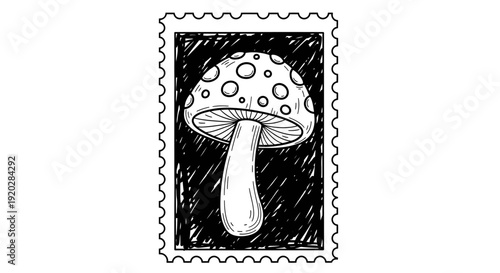Detailed black and white illustration of a mushroom with spots on a postage stamp