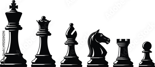 Black chess pieces set, king queen bishop knight rook pawn, strategic board game concept, silhouette illustration, competition, tactics, planning, intelligence, challenge