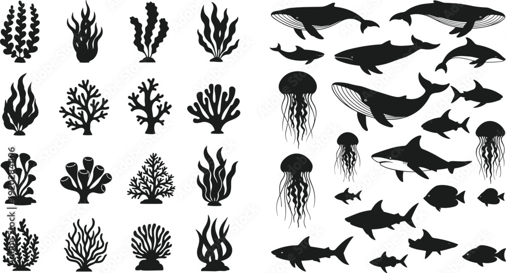 Fototapeta premium Black underwater sea life silhouette set with whale, shark, dolphin, jellyfish, fish, and various coral reef plants, isolated vector illustration for aquatic design projects.