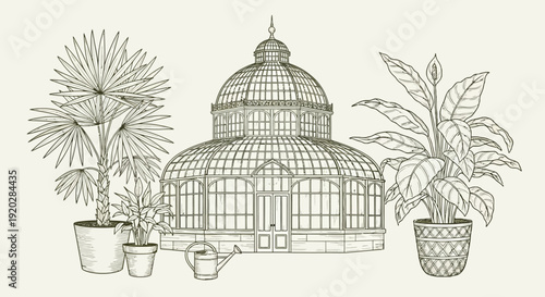 A serene greenhouse surrounded by potted plants and a watering can in a beautiful illustration