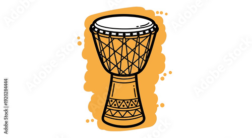 Illustration of djembe drum with intricate patterns and designs on a vibrant orange background splattered with orange dots