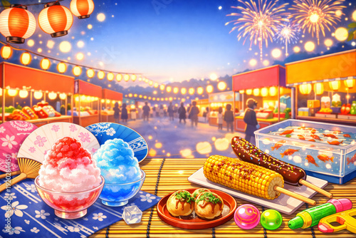 縁日グルメとかき氷の夜祭り(AI生成画像)