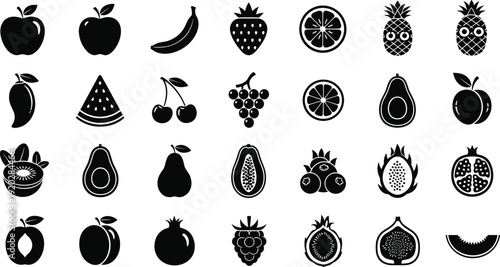 Fruit icon collection, black and white silhouette set, apple banana strawberry orange pineapple mango watermelon grapes avocado peach kiwi pear papaya