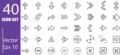 Collection of 40 diverse vector arrow icons in black on white background eps10