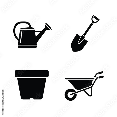 Gardening tools and equipment for planting flowers in a pot outdoors with wheelbarrow and shovel.