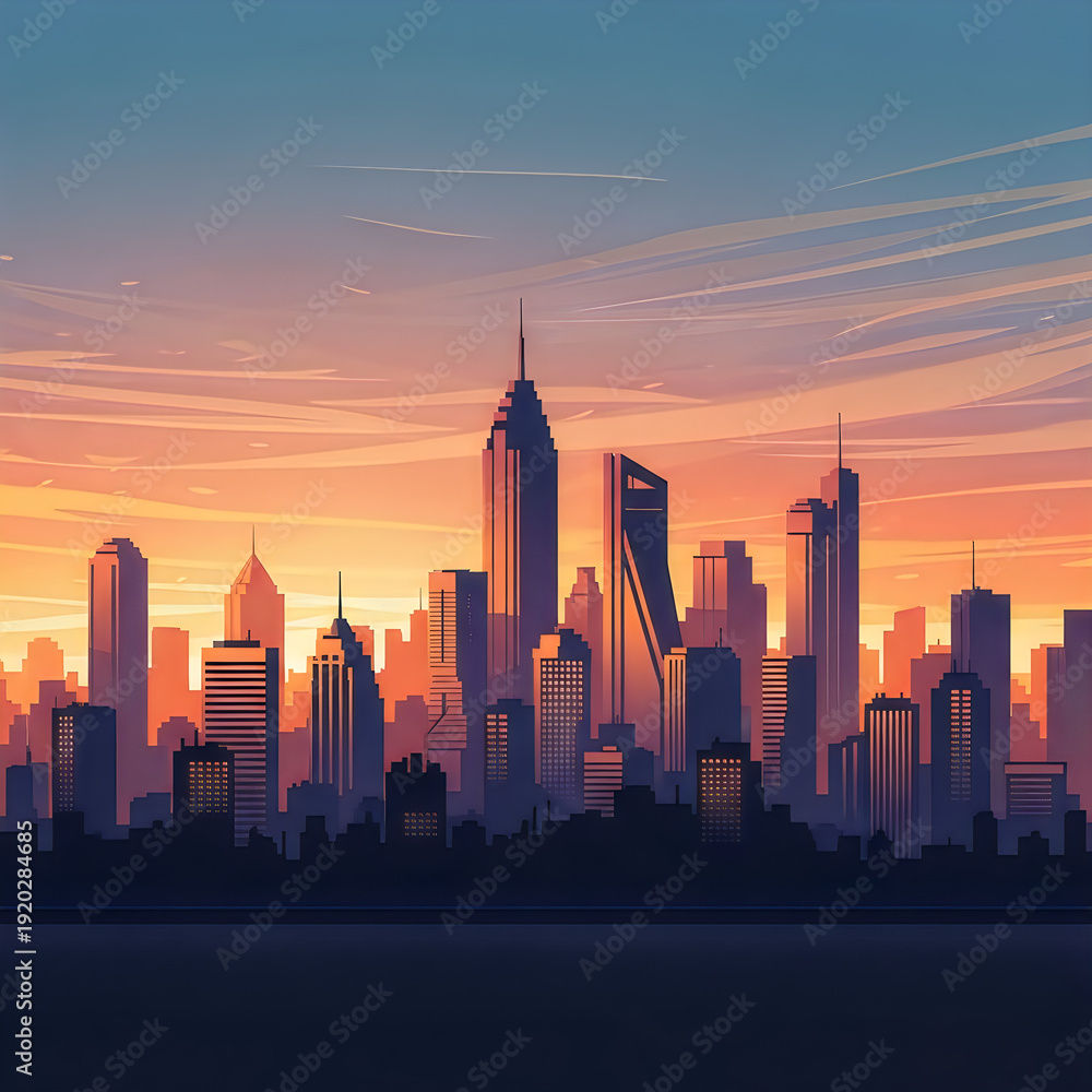 Fototapeta premium A city skyline at sunset with a blurred effect
