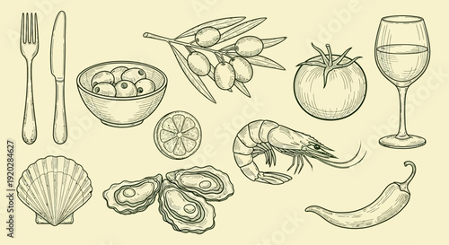 Gourmet seafood delicacies, fresh vegetables, and fine dining utensils arranged on a table, viewed from directly above.