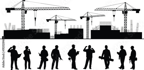 Construction Site Silhouette Vector Set, Industrial Building Development with Cranes, Engineering Professional Workers and Architects for Urban Architecture Project Design,