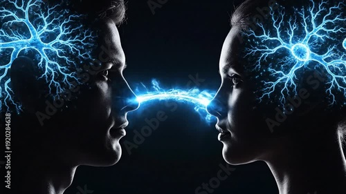 Man and Woman Silhouettes with Blue Neural Network Connection Between Foreheads people facing.