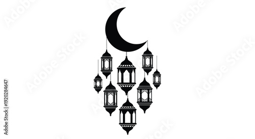 Black silhouette of crescent moon hanging above a beautiful arrangement of various decorative islamic lanterns