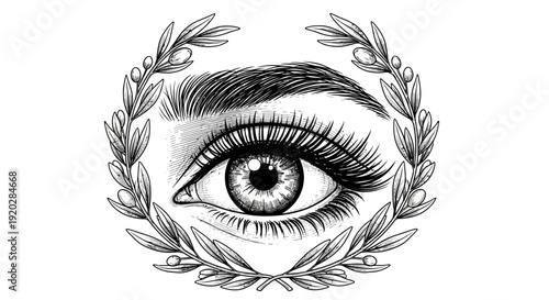 A detailed black and white illustration of a human eye surrounded by a wreath of leaves viewed from the front