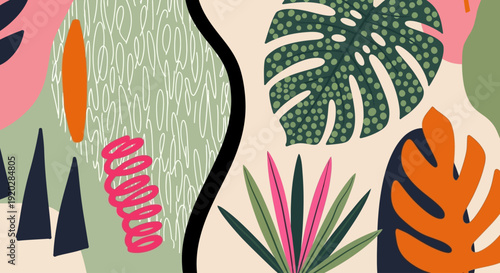 Vibrant Tropical Leaves and Florals in a Stylized Illustration from a Direct Viewpoint