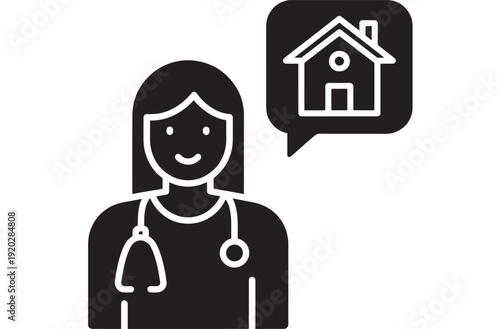 Doctor icon with stethoscope and home speech bubble, medical house call concept for telehealth, primary care, family physician, healthcare service pictogram on white