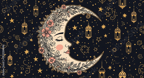 Crescent moon face with floral crown under starry night sky with lanterns