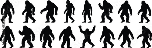 Bigfoot Silhouette Collection, Mythical Sasquatch Vector Set, Yeti Creatures Walking and Standing Silhouettes for Cryptid Research, Outdoors and Folklore Design