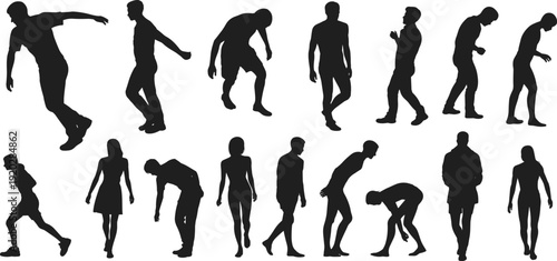 Vector silhouettes collection of men and women in various active poses including walking, bending, reaching, and standing for urban design