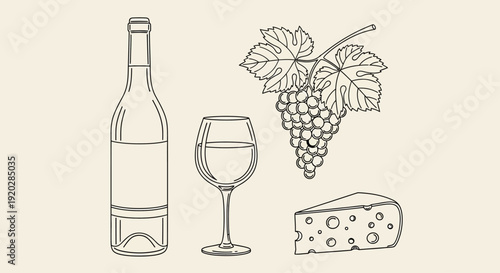 Wine bottle and glass with grapes and cheese on a simple background