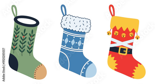 Festive Christmas stockings hanging against a plain background, showcasing vibrant designs and decorations in a cheerful holiday display