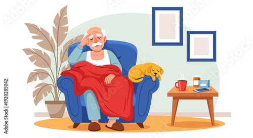 Elderly man relaxing on armchair with dog, enjoying leisure time at home, serene indoor scene from a relaxed viewpoint