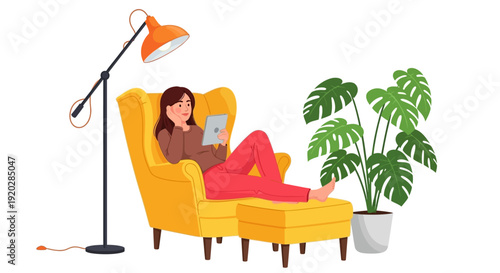 Woman relaxing in a yellow armchair reading a book beside a potted plant and floor lamp in a cozy setting