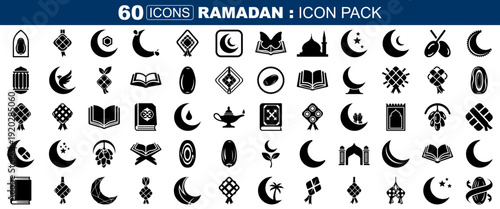 A set of 60 black and white icons representing Ramadan, including crescent moons, mosques, and other islamic symbols, on a transparent background.