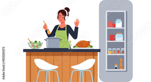 Woman cooking in a modern kitchen with a refrigerator and countertop