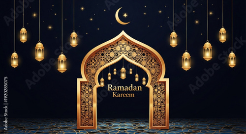 Ramadan kareem greeting arch with golden lanterns and crescent moon in dark background