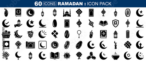 A set of 60 black and white icons representing Ramadan symbols, including crescent moons, stars, lanterns, and mosques, on a transparent background.
