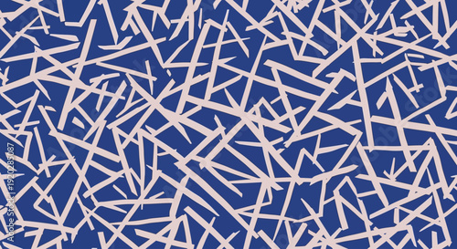 Complex geometric pattern of intersecting white lines on a blue background viewed from directly above