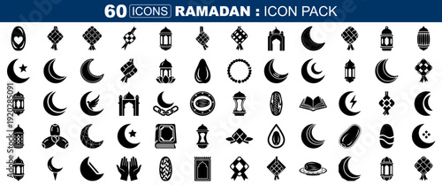 A set of 60 black and white icons representing Ramadan symbols, on transparent background