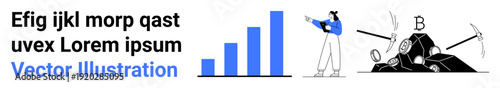 Person explains bar chart growth while miner collects bitcoins from rocks using pickaxe. Ideal for finance, cryptocurrency, growth strategy, mining, data analysis, fintech, simple landing page