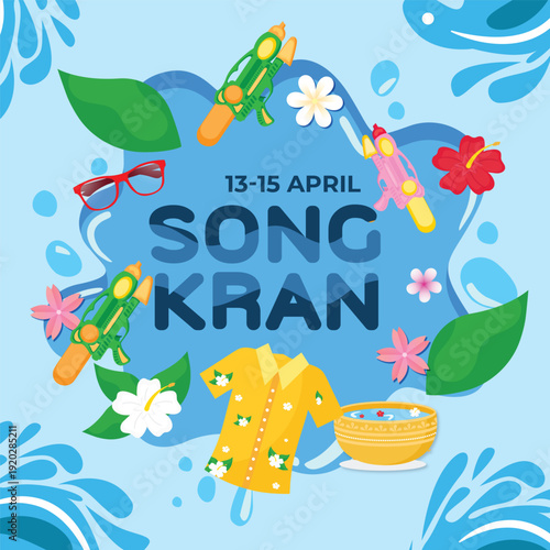 Songkran water festival thailand, rose petals and jasmine flower in bowl on banana leaf, water drop realistic poster flyer on blue background, Eps 10 vector illustration
