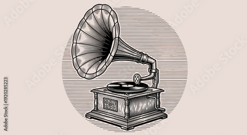 Vintage Gramophone Illustration Showcasing Retro Music Technology and Nostalgic Audio Equipment in a Classic Setting
