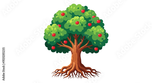 A vibrant illustration of a tree with lush green leaves and red apples, showcasing its extensive roots from a frontal viewpoint.
