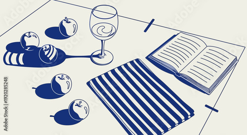 A table setting with a wine glass, book, and fruit, viewed from directly above in a minimalist style.