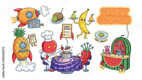 Fruity Cosmos: Whimsical illustrations depict a Fruity Cosmos scene, with anthropomorphic fruit characters engaging in various cosmic activities.