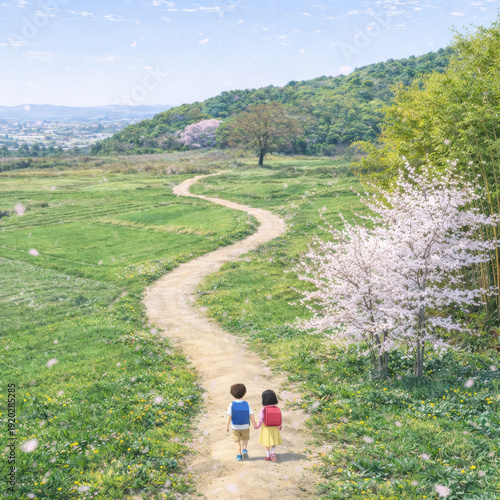 桜舞う田舎道の通学風景
