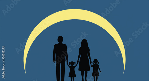 Family protection vector illustration. Silhouette of a family with two children standing under a yellow protective arch on a dark blue background, symbolizing security and care.