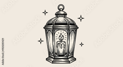An ornate lantern illustration with a candle inside surrounded by stars viewed from the front