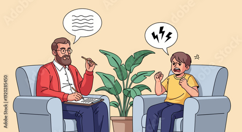 Illustration of a therapist consulting with a distressed child in a calm environment, focusing on emotional support and counseling.