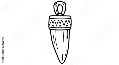 An illustration of a spearhead with decorative patterns, symbolizing tribal culture, displayed against a simple backdrop from a frontal viewpoint