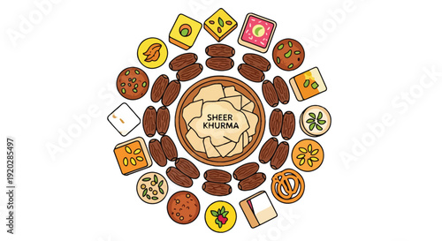 Eid al-Fitr sweets and desserts collection. Includes sheer khurma, gulab jamun, barfi, jalebi, and other traditional festive treats. Created in a flat vector style with a warm brown and pastel