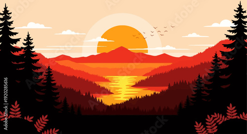 A serene landscape illustration featuring mountains, trees, and a setting sun in a peaceful natural environment from a distant viewpoint