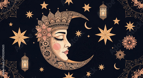 Crescent moon face with crown and flowers surrounded by stars and lanterns in night sky