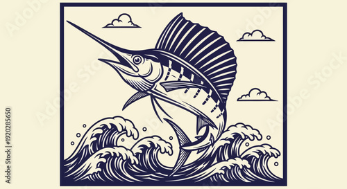 Majestic marlin leaping out of ocean waves, illustration, dynamic movement, water, sea