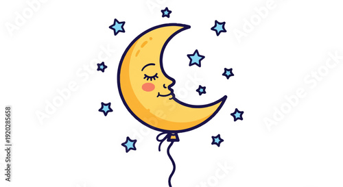 Cute sleeping crescent moon balloon with stars vector illustration. Cartoon character with closed eyes and rosy cheeks, isolated on a white background.